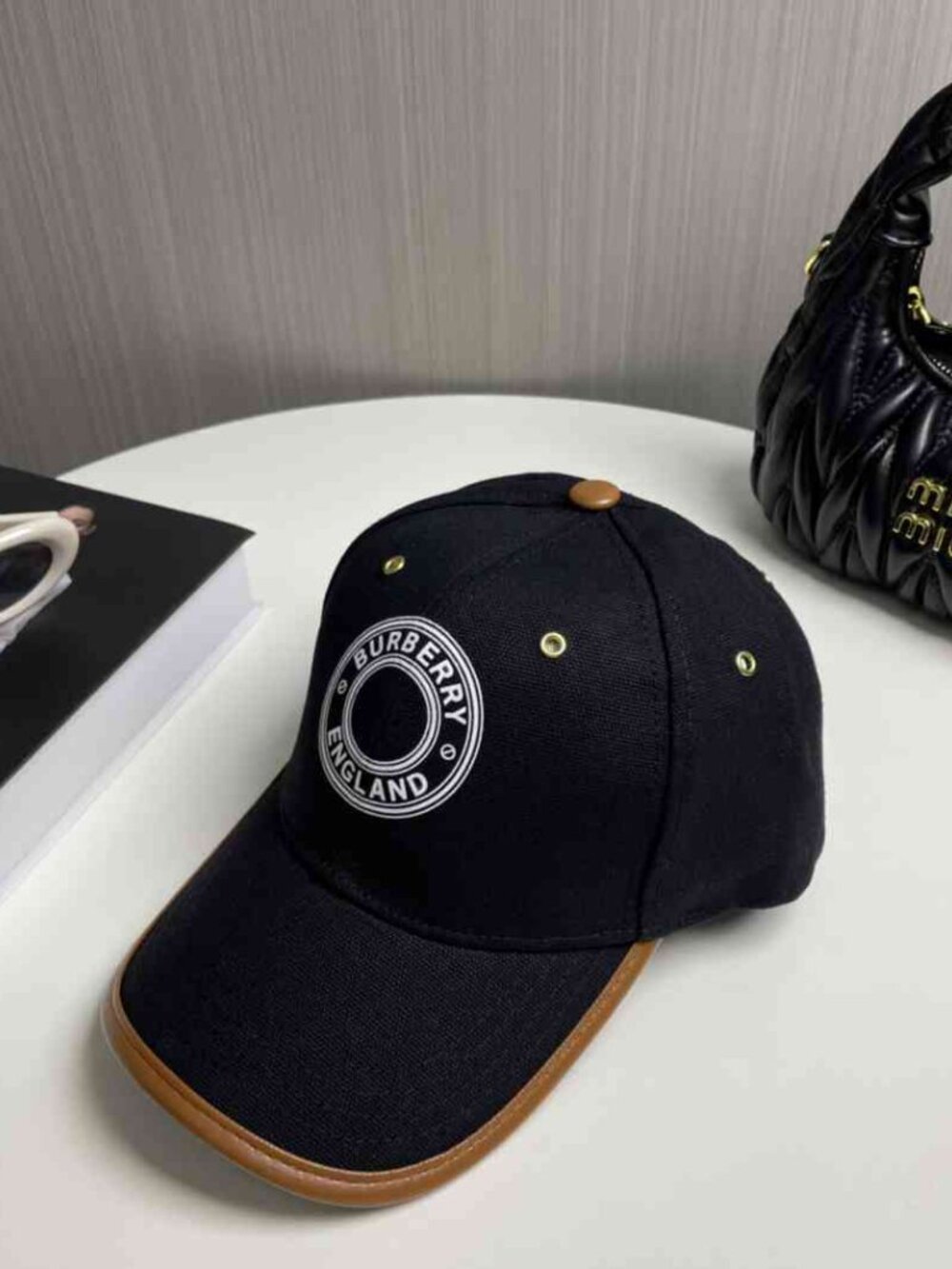 Burberry Black Canvas Baseball Cap Brown Leather Trim Circle England Logo Hat - Picture 2 of 6